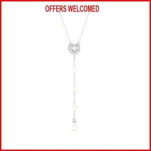 Rhodium Finish Crystal Pearl Y-Necklace with Pavé Heart Motif